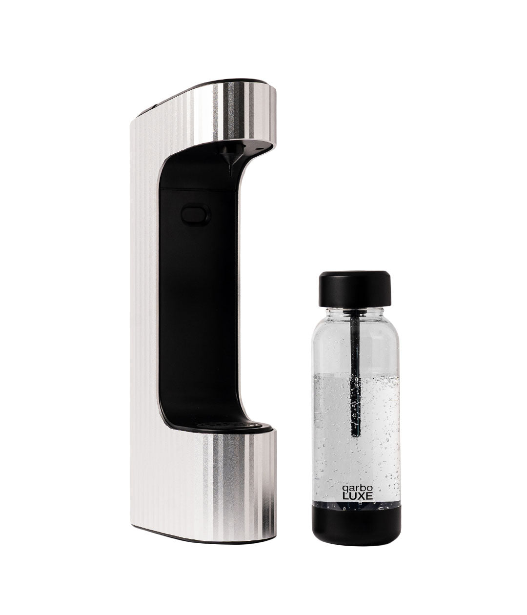 Qarbo silver soda maker pouring sparkling drink
