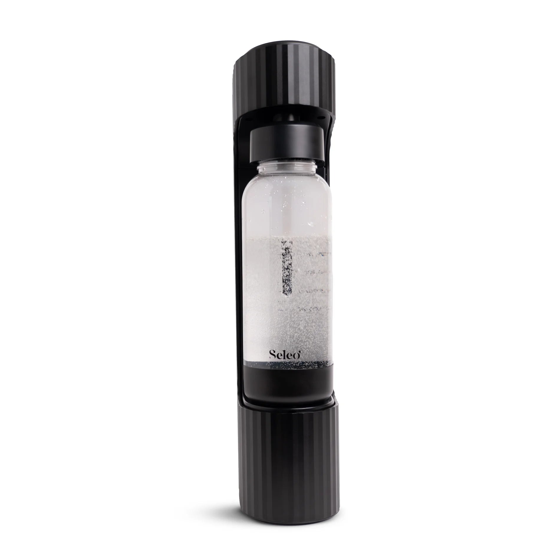 Qarbo black soda maker with 1L bottle attached – side view
