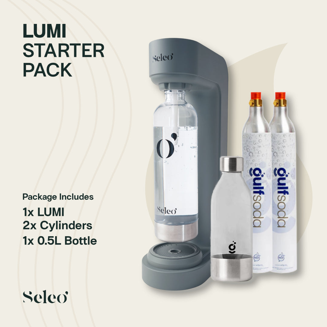 Lumi soda maker from starter pack on kitchen counter